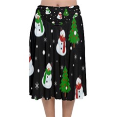 Snowman Pattern Velvet Flared Midi Skirt by Valentinaart