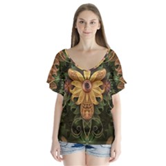 Beautiful Filigree Oxidized Copper Fractal Orchid V-neck Flutter Sleeve Top by jayaprime