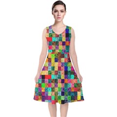 Pattern V-neck Midi Sleeveless Dress  by gasi