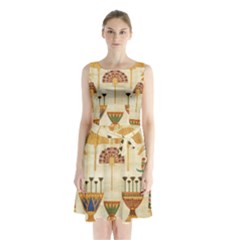 Egyptian Paper Papyrus Hieroglyphs Sleeveless Waist Tie Chiffon Dress by Celenk