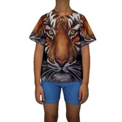 The Tiger Face Kids  Short Sleeve Swimwear by Celenk