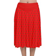 Small Christmas Green Polka Dots On Red Velvet Flared Midi Skirt by PodArtist