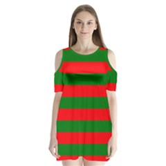 Red And Green Christmas Cabana Stripes Shoulder Cutout Velvet One Piece by PodArtist