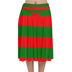 Red And Green Christmas Cabana Stripes Velvet Flared Midi Skirt by PodArtist