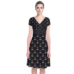 Gold Scales Of Justice On Black Repeat Pattern All Over Print  Short Sleeve Front Wrap Dress by PodArtist