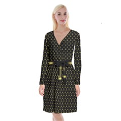 Gold Scales Of Justice On Black Repeat Pattern All Over Print  Long Sleeve Velvet Front Wrap Dress by PodArtist