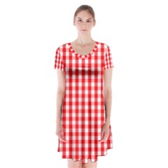 Large Christmas Red And White Gingham Check Plaid Short Sleeve V-neck Flare Dress by PodArtist