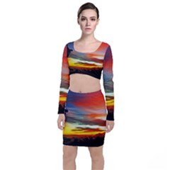 Sunset Mountain Indonesia Adventure Long Sleeve Crop Top & Bodycon Skirt Set by Celenk