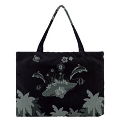 Surfboard With Dolphin, Flowers, Palm And Turtle Medium Tote Bag by FantasyWorld7