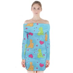 Dinosaur Love Pattern Long Sleeve Off Shoulder Dress by Bigfootshirtshop