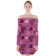 Mauve Valentine Heart Pattern Long Sleeve Off Shoulder Dress by Bigfootshirtshop