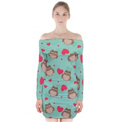 Owl Valentine s Day Pattern Long Sleeve Off Shoulder Dress by Bigfootshirtshop