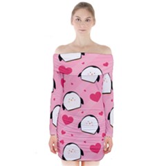 Penguin Love Pattern Long Sleeve Off Shoulder Dress by Bigfootshirtshop