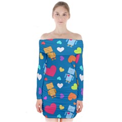 Robot Love Pattern Long Sleeve Off Shoulder Dress by Bigfootshirtshop