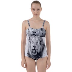 Lion Wildlife Art And Illustration Pencil Twist Front Tankini Set by Celenk