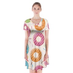 Colored Doughnuts Pattern Short Sleeve V-neck Flare Dress by Bigfootshirtshop