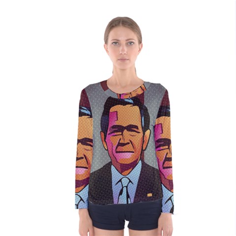 George W Bush Pop Art President Usa Women s Long Sleeve Tee by BangZart