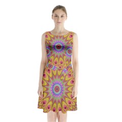 Geometric Flower Oriental Ornament Sleeveless Waist Tie Chiffon Dress by Celenk