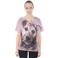 Dog Pet Terrier Art Abstract V-neck Dolman Drape Top by Celenk