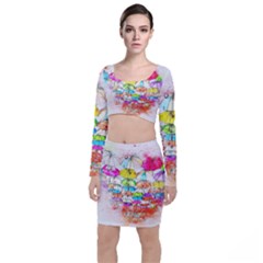 Umbrella Art Abstract Watercolor Long Sleeve Crop Top & Bodycon Skirt Set by Celenk