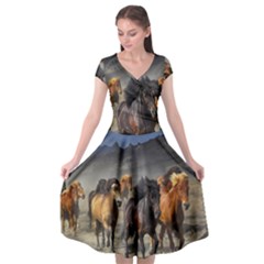 Horses Stampede Nature Running Cap Sleeve Wrap Front Dress by Celenk