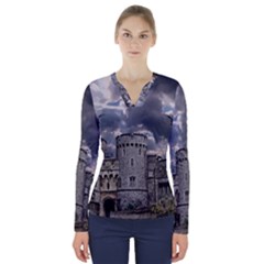 Castle Building Architecture V-neck Long Sleeve Top by Celenk