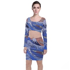 Harvard Mayfair Hokusai Chalk Wave Fuji Long Sleeve Crop Top & Bodycon Skirt Set by Celenk