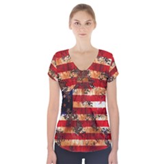 American Flag Usa Symbol National Short Sleeve Front Detail Top by Celenk