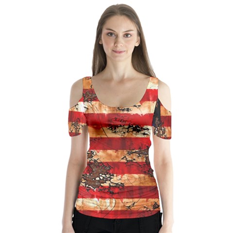 American Flag Usa Symbol National Butterfly Sleeve Cutout Tee  by Celenk