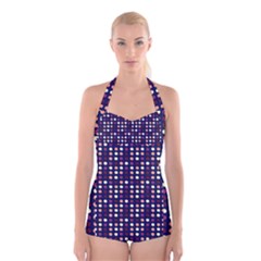 Peach Purple Eggs On Navy Blue Boyleg Halter Swimsuit  by snowwhitegirl