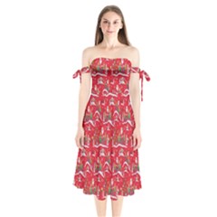 Red Background Christmas Shoulder Tie Bardot Midi Dress by Nexatart