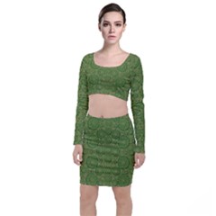 Stars In The Wooden Forest Night In Green Long Sleeve Crop Top & Bodycon Skirt Set by pepitasart