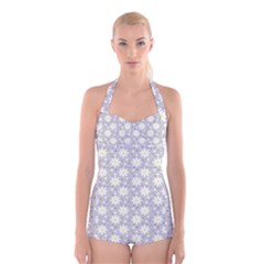 Daisy Dots Grey Boyleg Halter Swimsuit  by snowwhitegirl