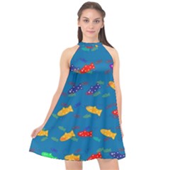 Fish Blue Background Pattern Texture Halter Neckline Chiffon Dress  by Nexatart