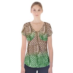 Knitted Wool Square Beige Green Short Sleeve Front Detail Top by snowwhitegirl