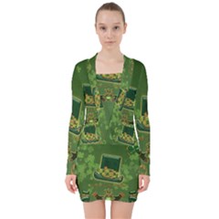 Happy St  Patrick s Day With Clover V-neck Bodycon Long Sleeve Dress by FantasyWorld7