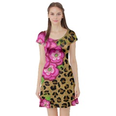 Floral Leopard Print Short Sleeve Skater Dress by dawnsiegler