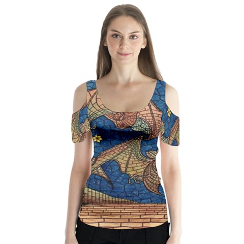 Bats Cubism Mosaic Vintage Butterfly Sleeve Cutout Tee  by Nexatart