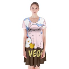 Go Vegan - Cute Pig And Chicken Short Sleeve V-neck Flare Dress by Valentinaart