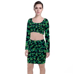 St  Patricks Day Clover Pattern Long Sleeve Crop Top & Bodycon Skirt Set by Valentinaart