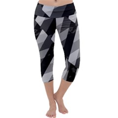 Black And White Grunge Striped Pattern Capri Yoga Leggings by dflcprints