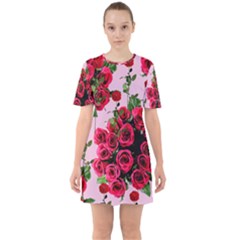 Roses Pink Sixties Short Sleeve Mini Dress by snowwhitegirl