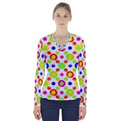 Multicolored Circles Motif Pattern V-neck Long Sleeve Top by dflcprints