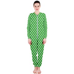 White Heart-shaped Clover On Green St  Patrick s Day Onepiece Jumpsuit (ladies)  by PodArtist