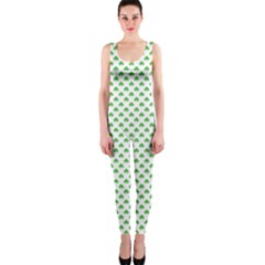 Green Heart-shaped Clover On White St  Patrick s Day One Piece Catsuit by PodArtist