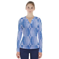 Blue Monochrome Geometric Design V-neck Long Sleeve Top by Nexatart