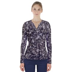 Black And White Leaves Pattern V-neck Long Sleeve Top by dflcprints