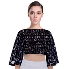 Antique Roman Typographic Pattern Tie Back Butterfly Sleeve Chiffon Top by dflcprints