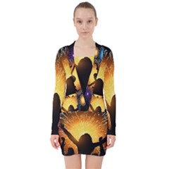 Celebration Night Sky With Fireworks In Various Colors V-neck Bodycon Long Sleeve Dress by Sapixe