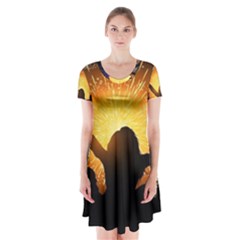 Celebration Night Sky With Fireworks In Various Colors Short Sleeve V-neck Flare Dress by Sapixe